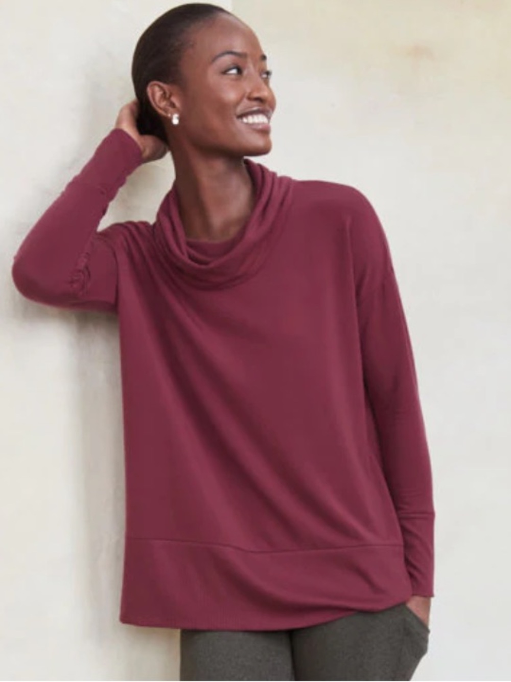 Garnet Hill Cowl-Neck Knit Tunic Top Berry Burgundy Medium